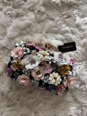 bebe Black Floral 3D Embellished Clutch with Pink, Cream & Gold Accents